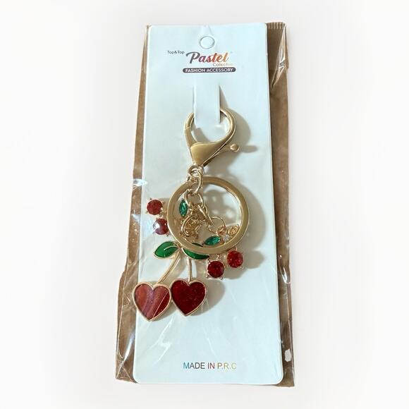 Top&Top Accessories - Cherry Heart Keychain in Gold or Silver Red & Green Dangle Charm New